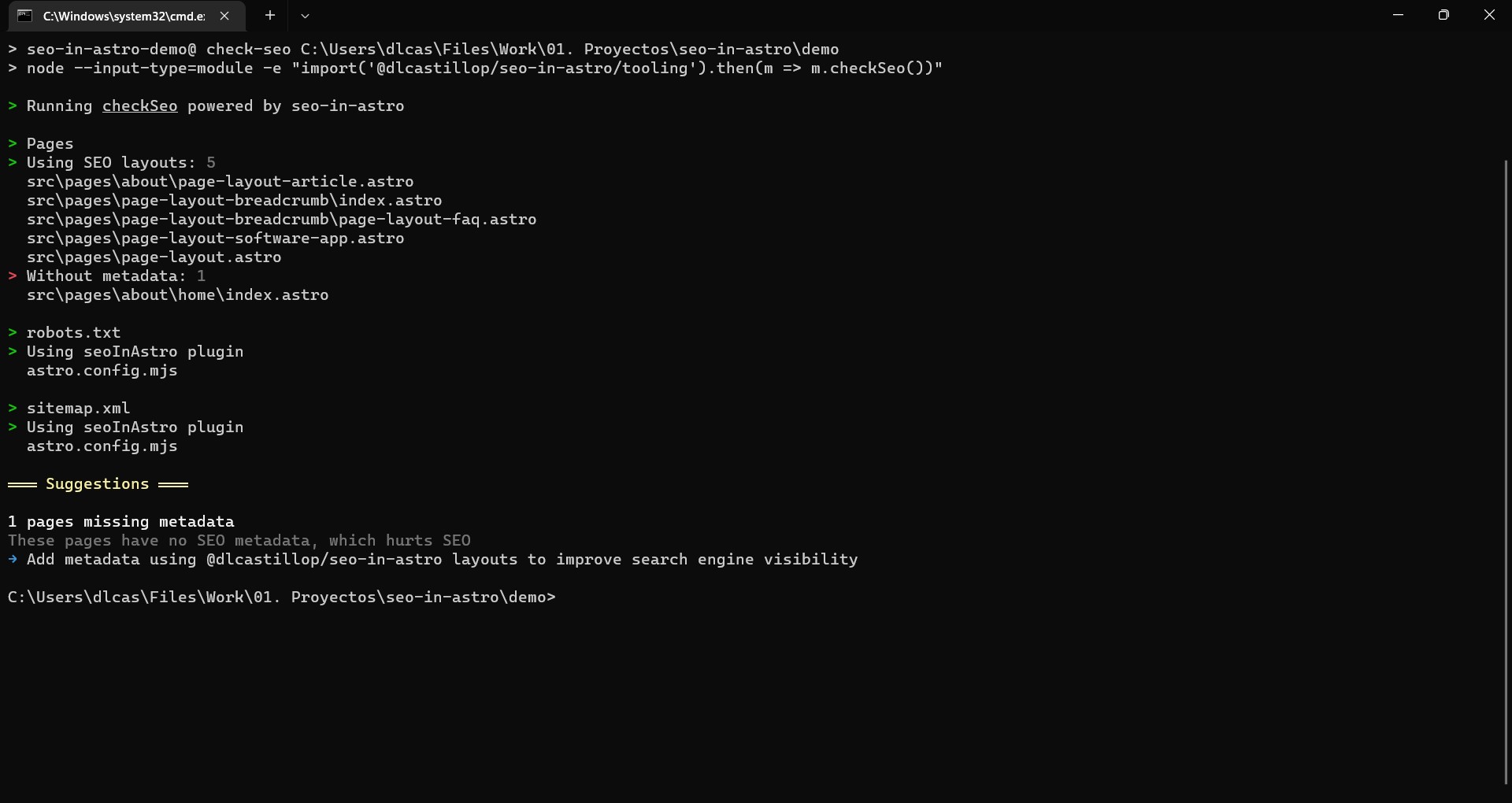 SEO checker tool displaying route analysis and configuration recommendations